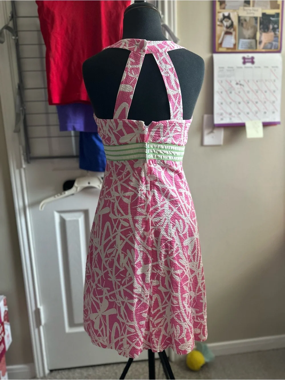 Lilly Pulitzer Pink and White Sleeveless A-Line Dress with Green Waistband